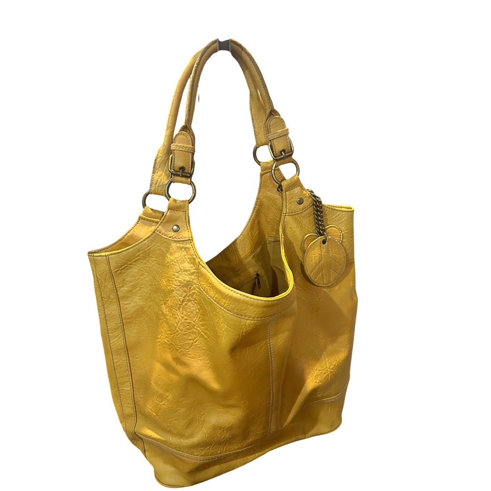 Yellow‎ Faux Leather Hobo Bag with Peace Sign Charm Casual Shoulder Bag